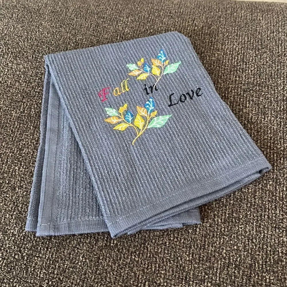 Custom Embroidered Gray Cotton Barmop Towel “Fall in Love”- flaws